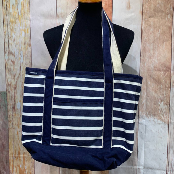 Hand Printed Upcycled Boston Terrier Striped Cotton Canvas Lands End Tote Bag - Picture 4 of 5